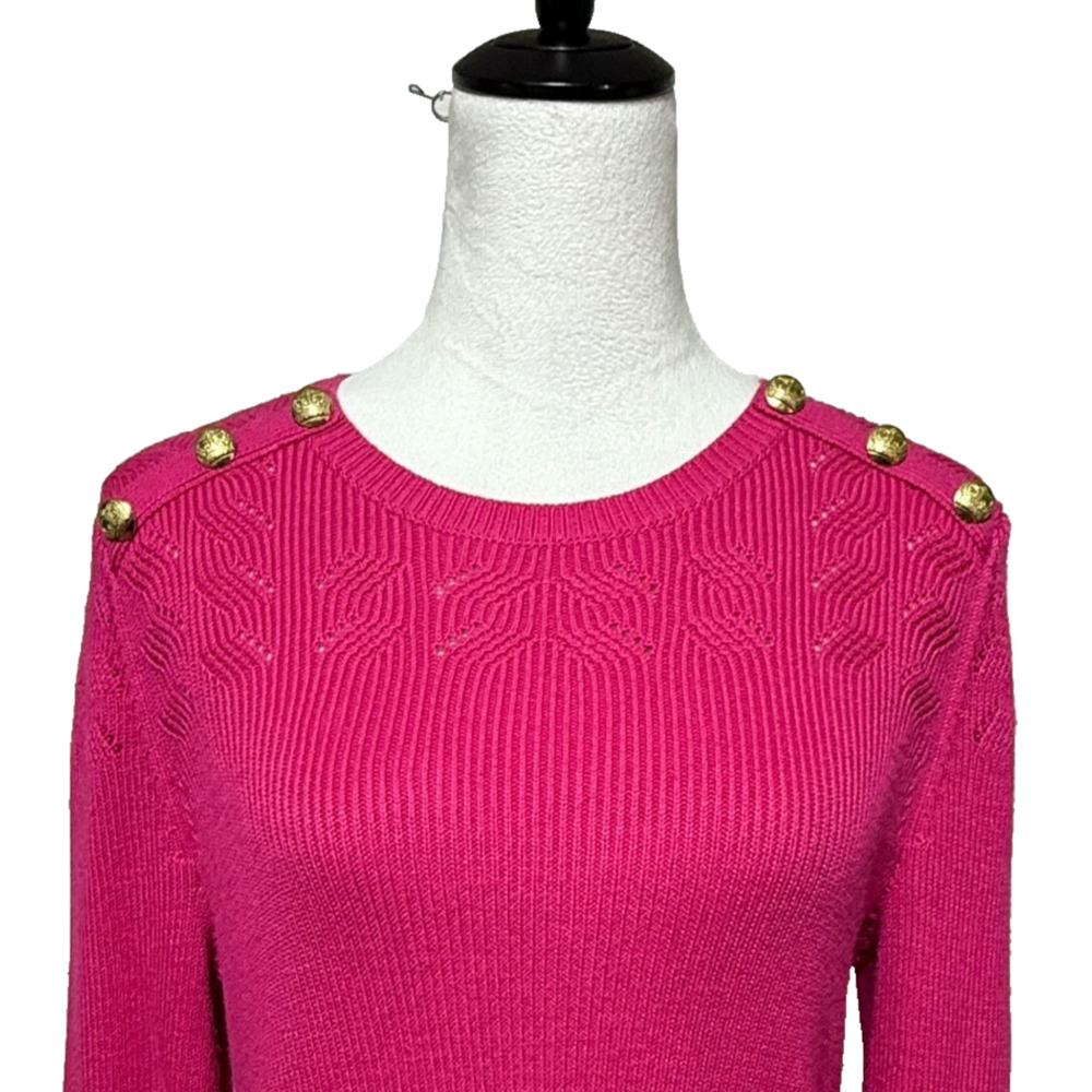 Talbots Sweater Womens Large Hot Pink Ribbed Gold Accent Button Pullover‎ Career